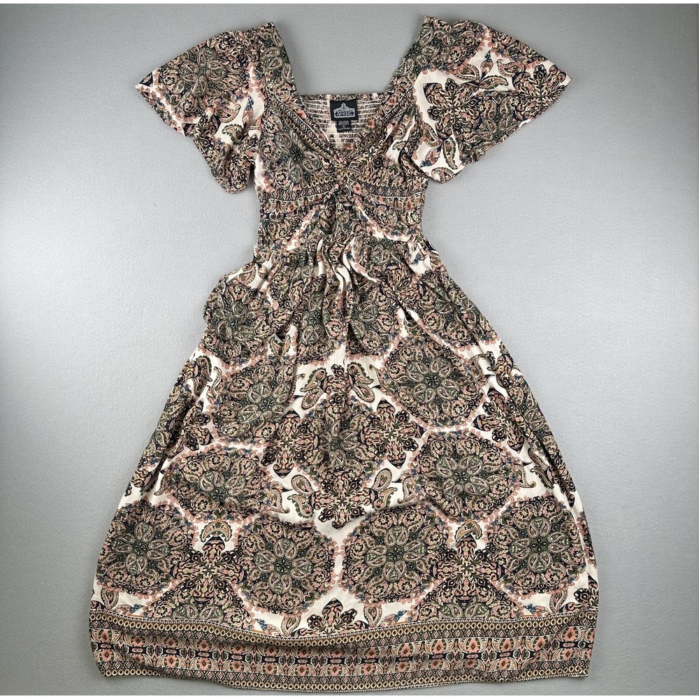 Angie Women's Large Boho Maxi Dress Twist Front‎ Paisley Pink Green Smocked Back